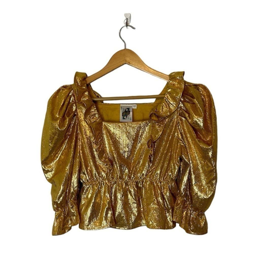 Queen of Sparkles Gold Metallic Puff Sleeve Peplum Top XS